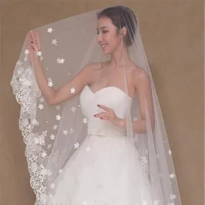 Gorgeous Tulle Long Wedding Veil With Lace & Beadings ,WV0123