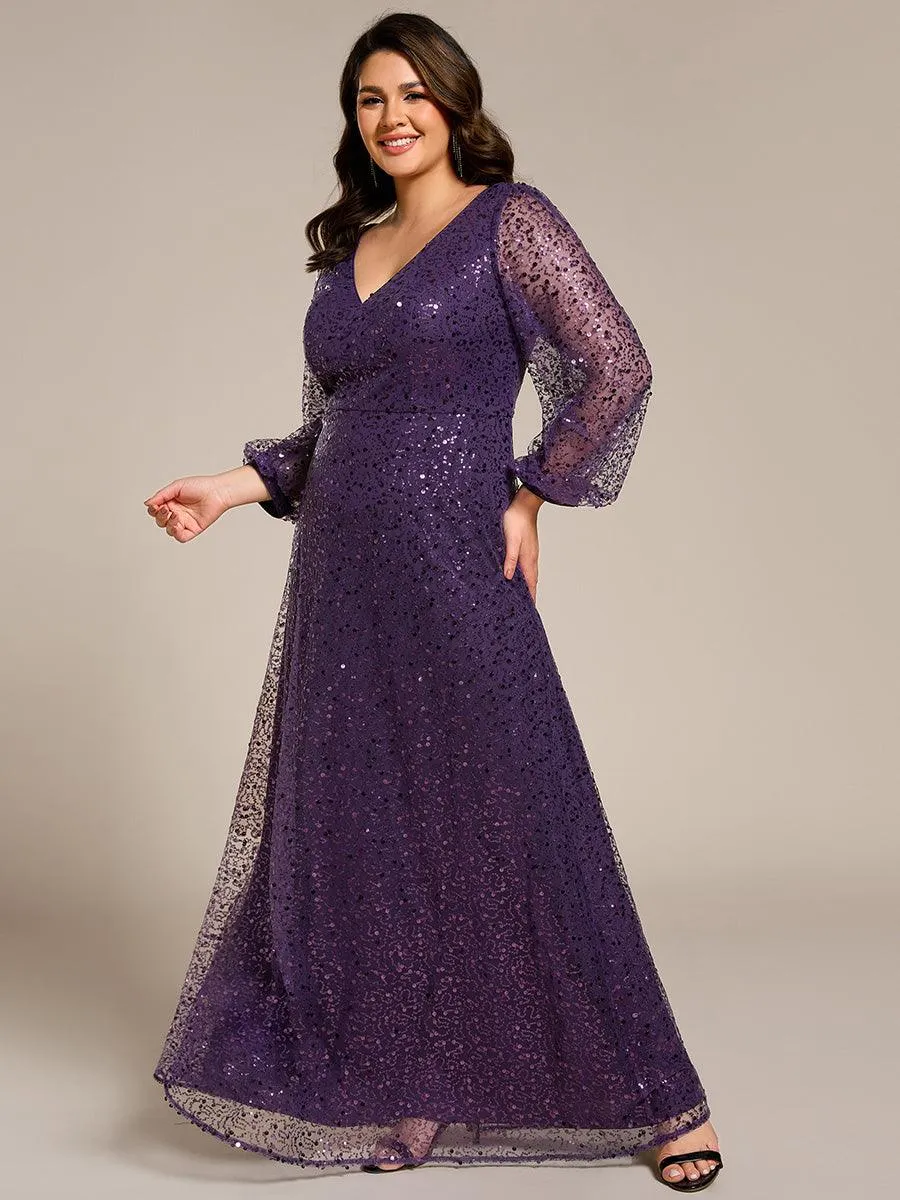 Grande taille Robe de soirée trapèze à paillettes col en V manches longues et paillettes