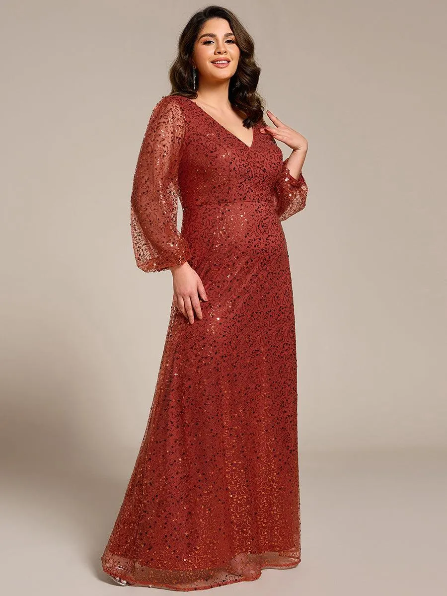 Grande taille Robe de soirée trapèze à paillettes col en V manches longues et paillettes