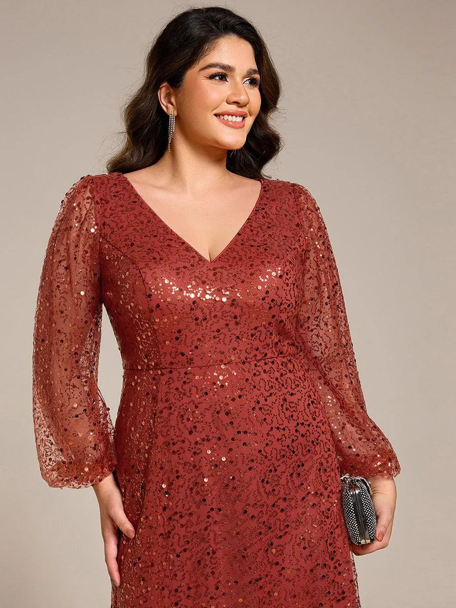 Grande taille Robe de soirée trapèze à paillettes col en V manches longues et paillettes
