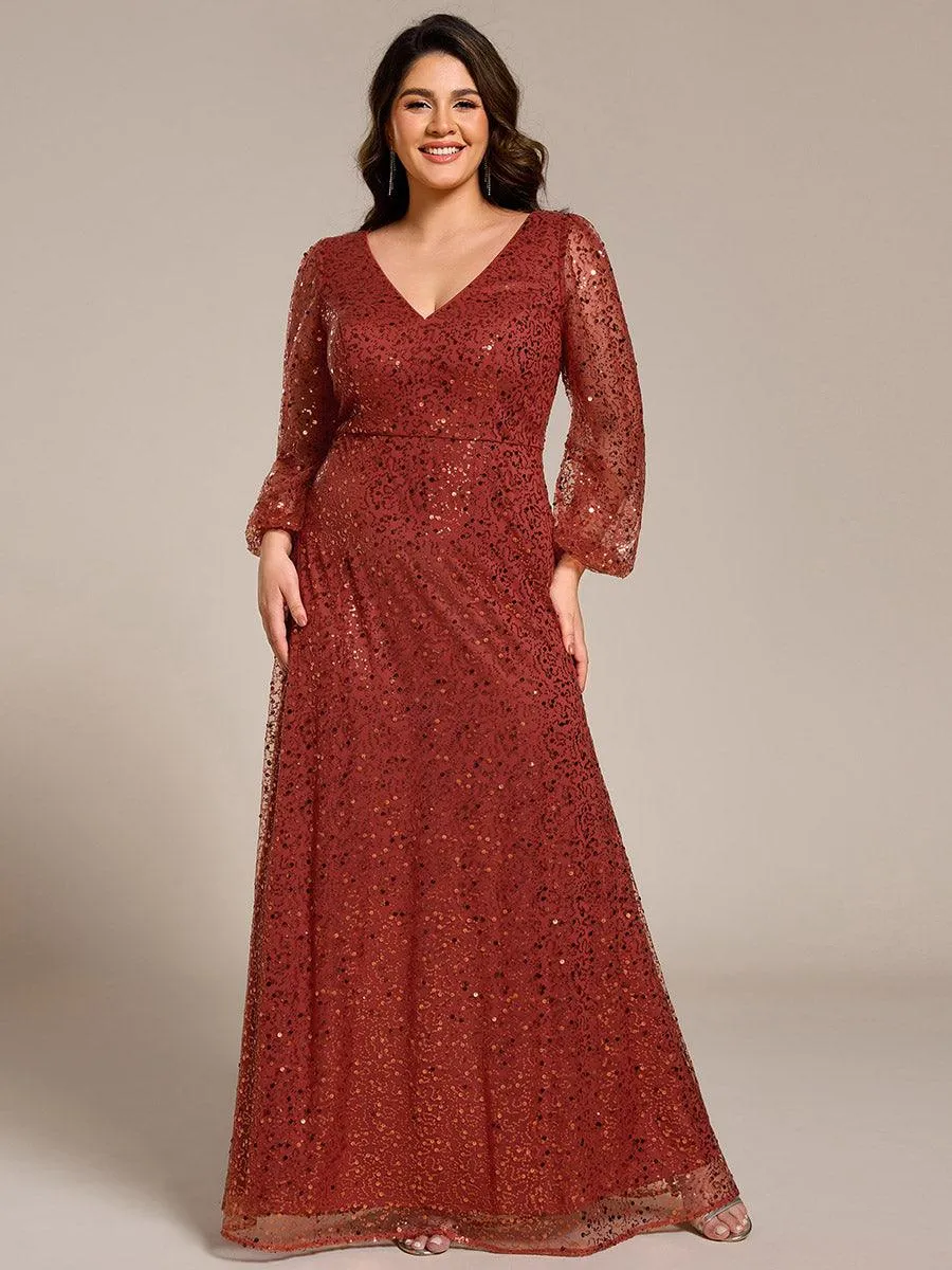 Grande taille Robe de soirée trapèze à paillettes col en V manches longues et paillettes