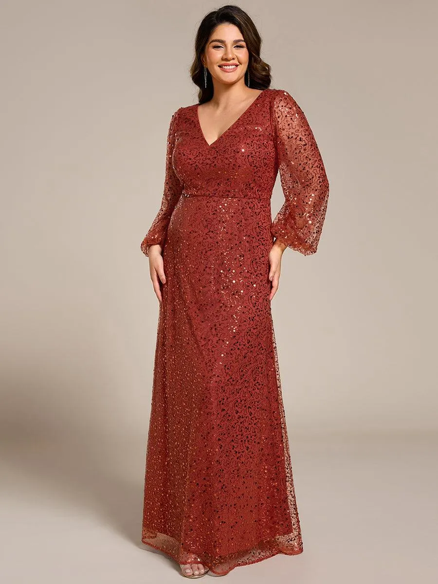 Grande taille Robe de soirée trapèze à paillettes col en V manches longues et paillettes