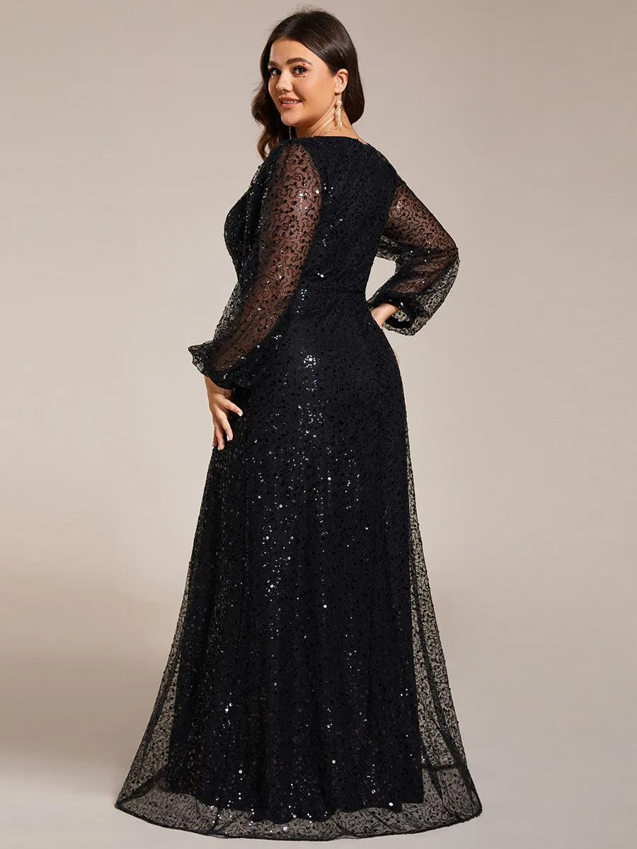 Grande taille Robe de soirée trapèze à paillettes col en V manches longues et paillettes