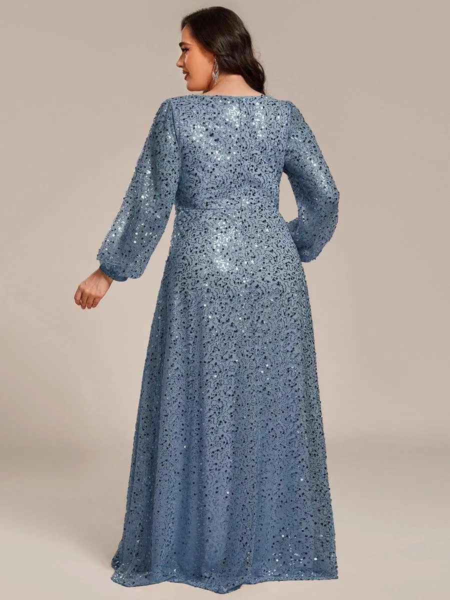 Grande taille Robe de soirée trapèze à paillettes col en V manches longues et paillettes
