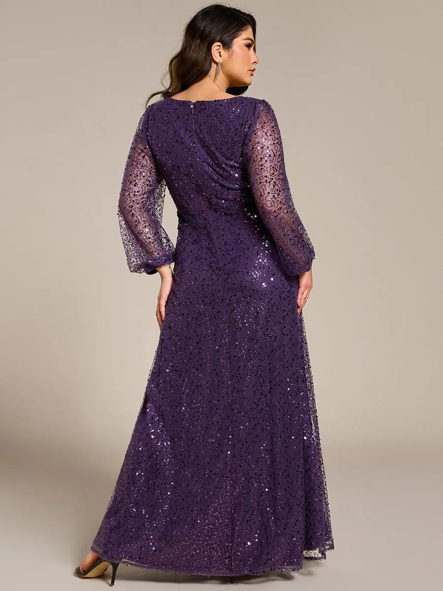 Grande taille Robe de soirée trapèze à paillettes col en V manches longues et paillettes