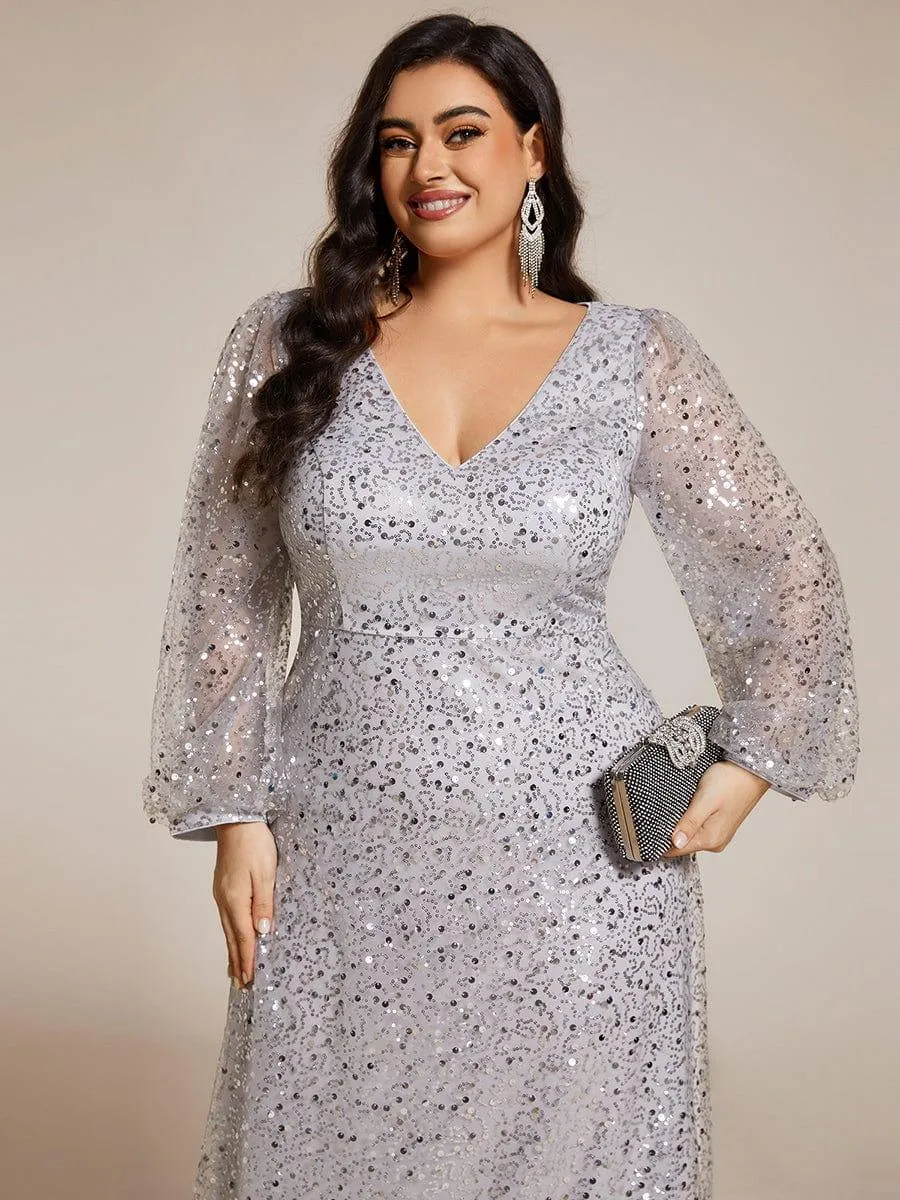 Grande taille Robe de soirée trapèze à paillettes col en V manches longues et paillettes