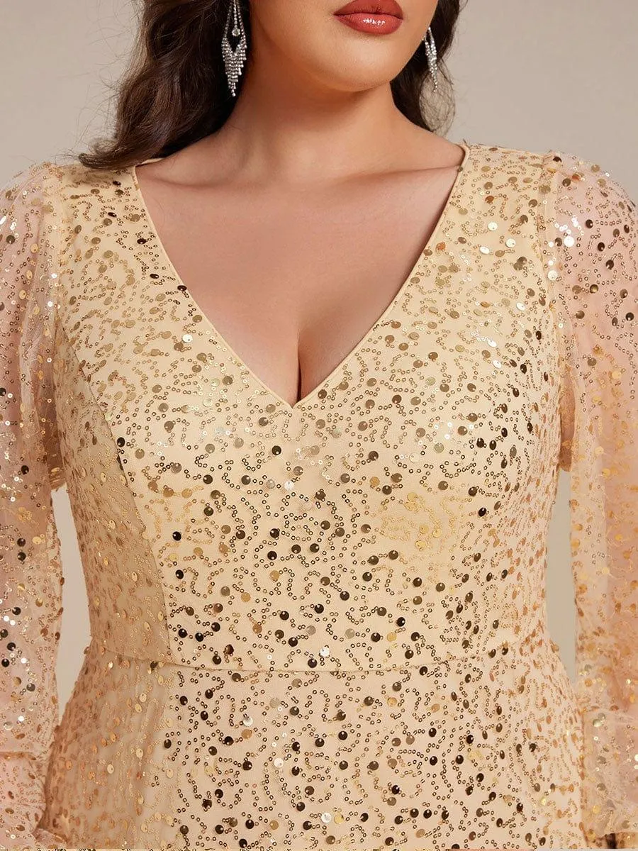Grande taille Robe de soirée trapèze à paillettes col en V manches longues et paillettes