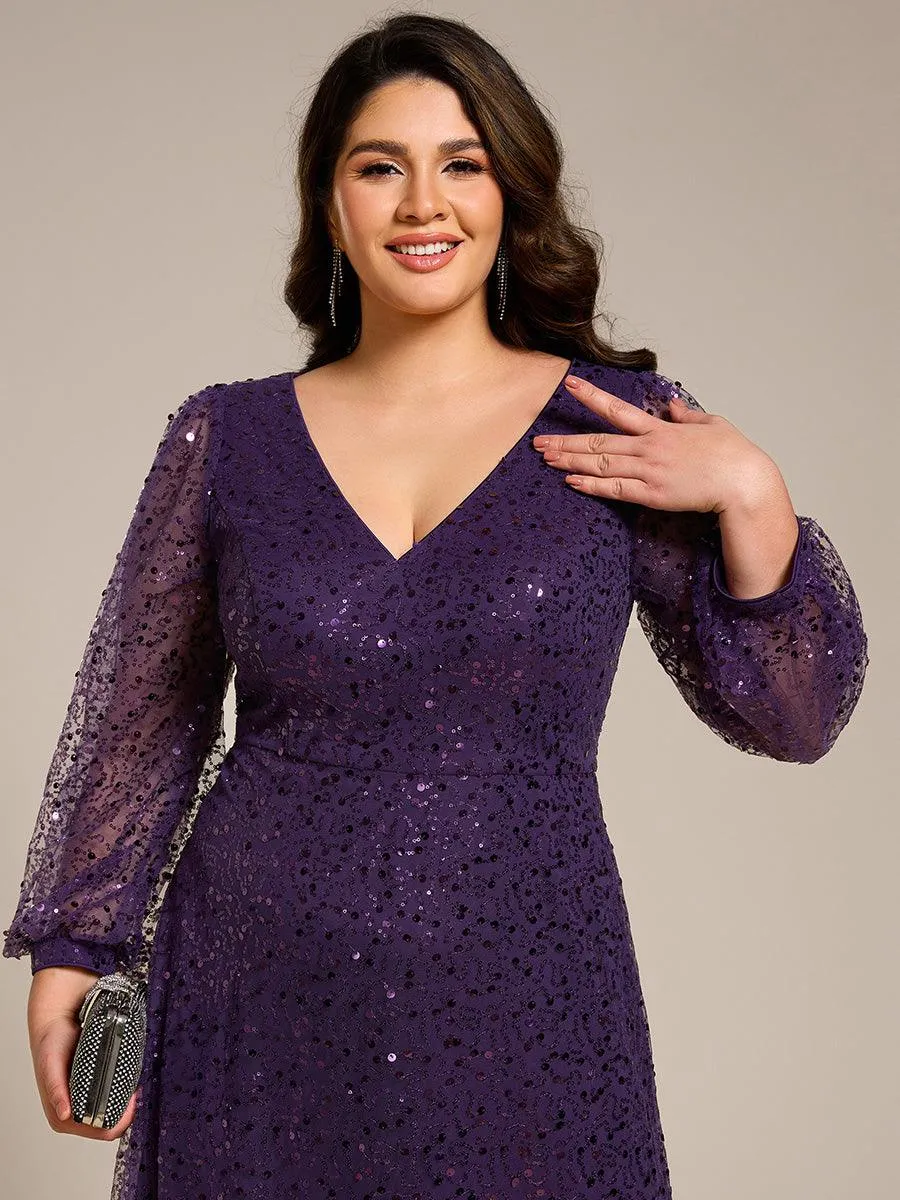 Grande taille Robe de soirée trapèze à paillettes col en V manches longues et paillettes