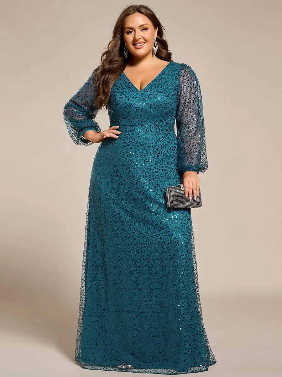 Grande taille Robe de soirée trapèze à paillettes col en V manches longues et paillettes