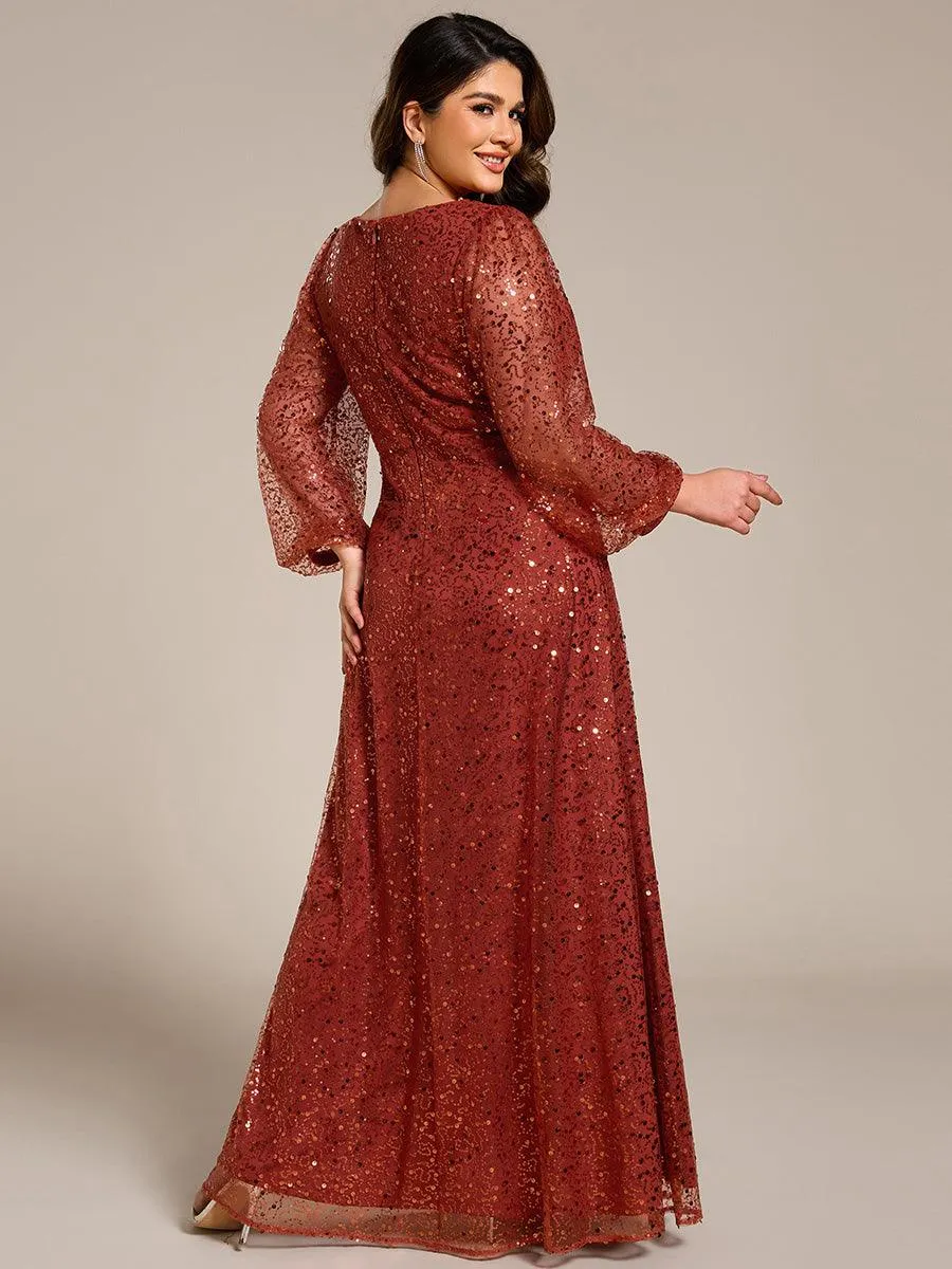 Grande taille Robe de soirée trapèze à paillettes col en V manches longues et paillettes