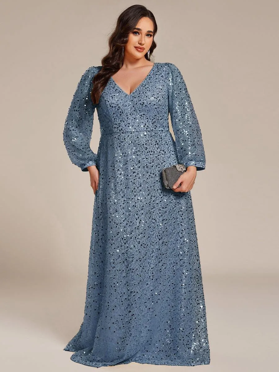 Grande taille Robe de soirée trapèze à paillettes col en V manches longues et paillettes
