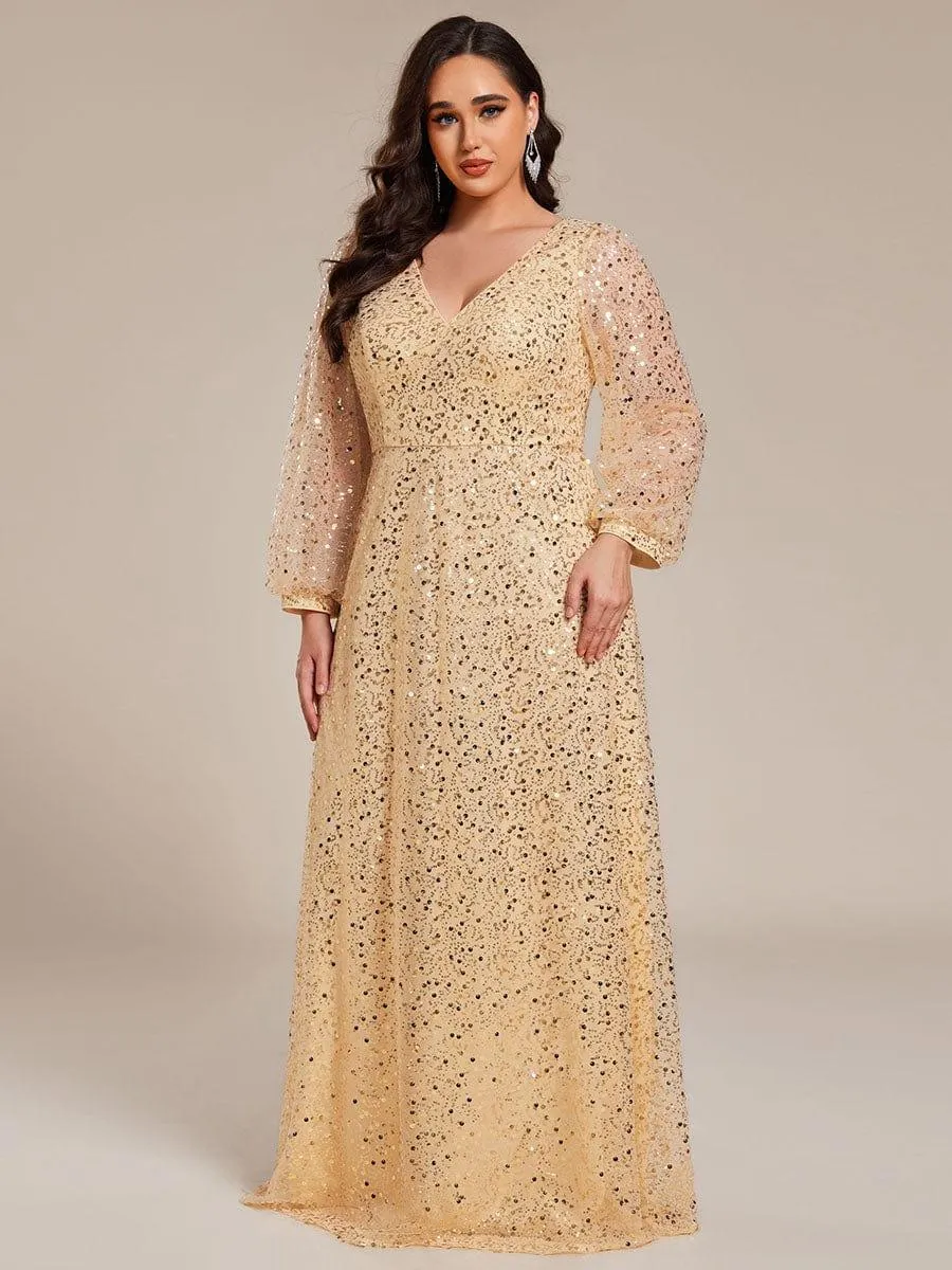 Grande taille Robe de soirée trapèze à paillettes col en V manches longues et paillettes