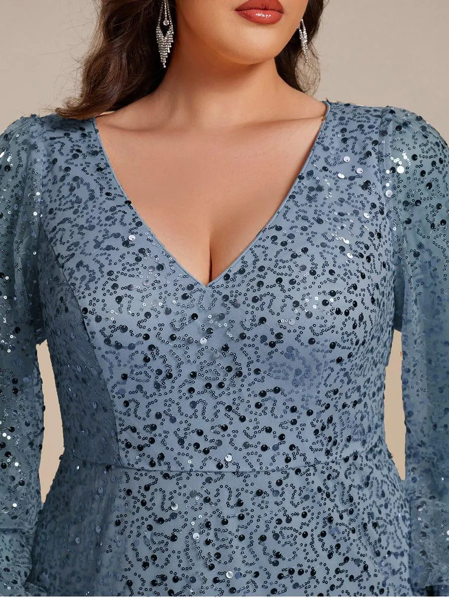 Grande taille Robe de soirée trapèze à paillettes col en V manches longues et paillettes