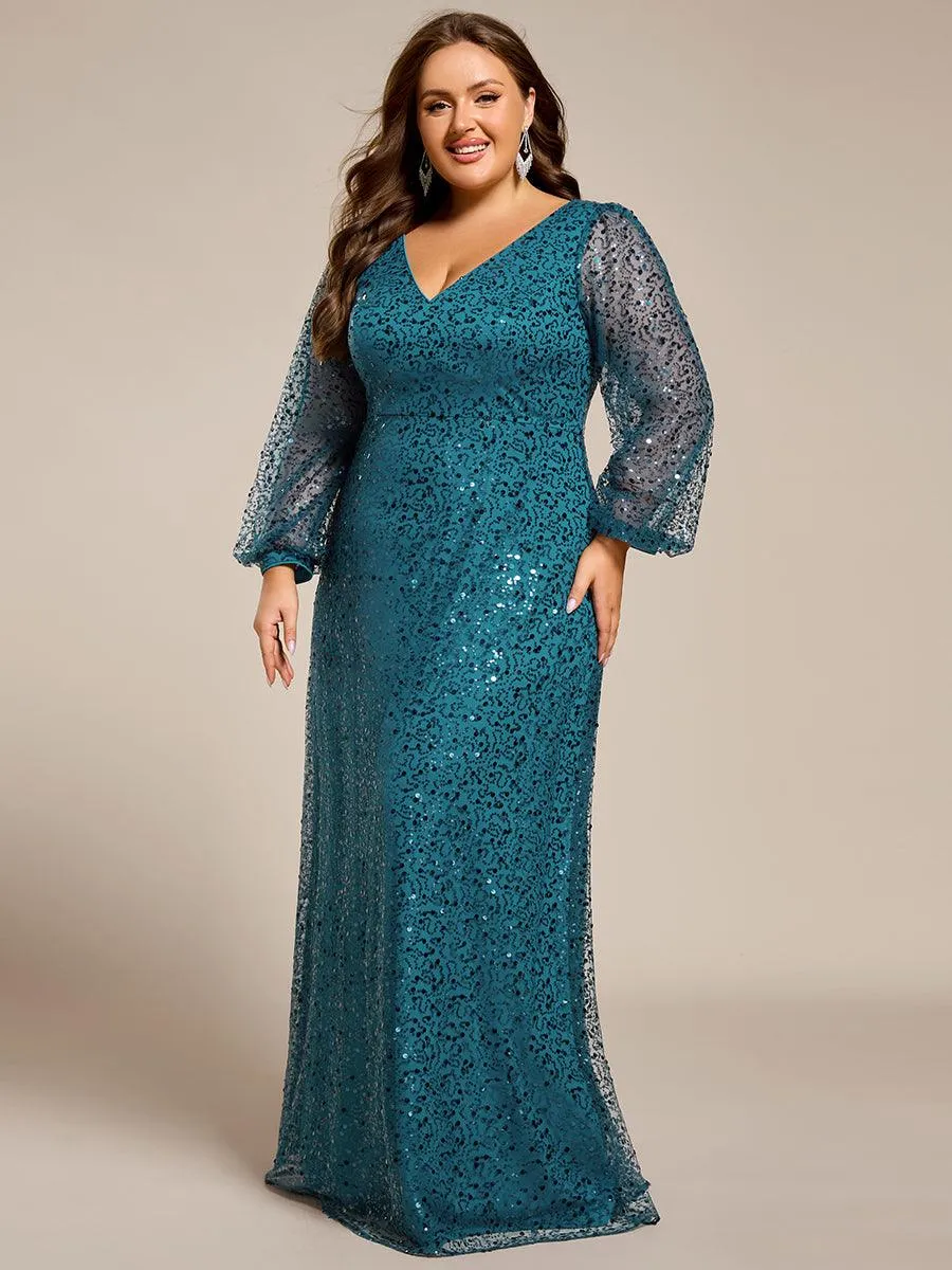 Grande taille Robe de soirée trapèze à paillettes col en V manches longues et paillettes