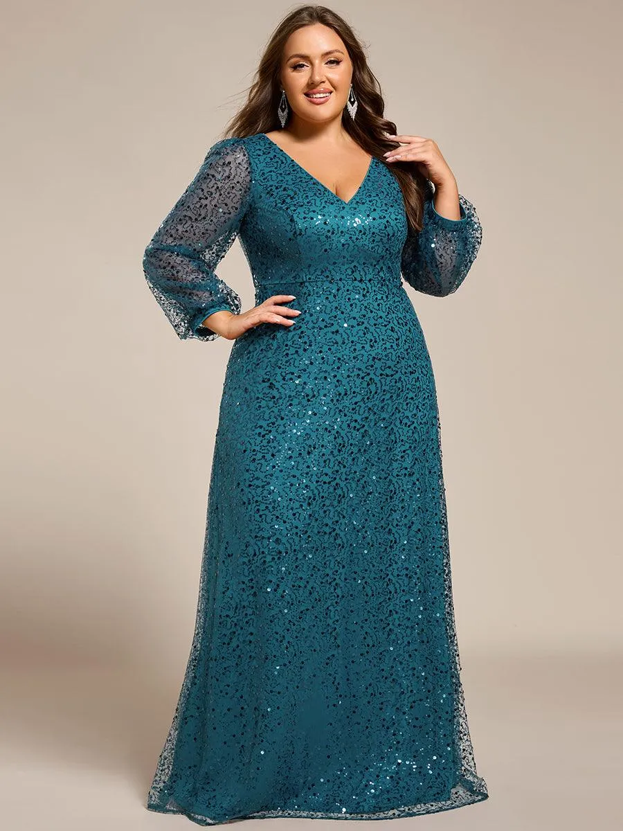 Grande taille Robe de soirée trapèze à paillettes col en V manches longues et paillettes