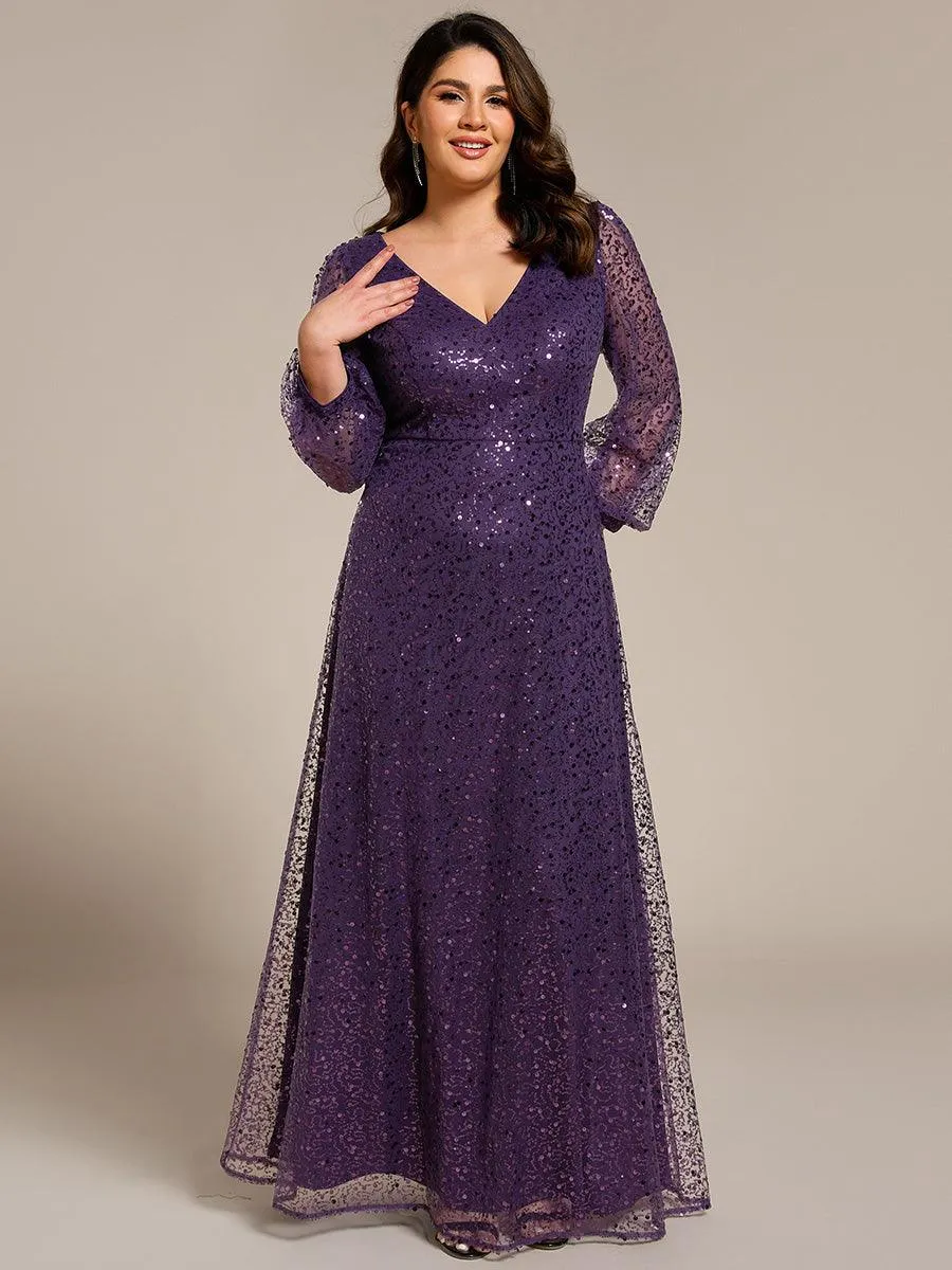 Grande taille Robe de soirée trapèze à paillettes col en V manches longues et paillettes