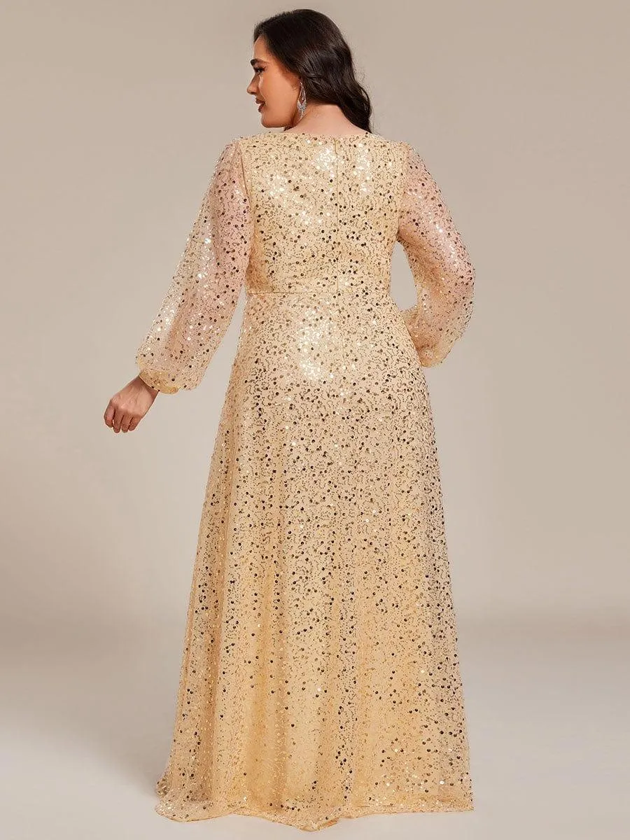 Grande taille Robe de soirée trapèze à paillettes col en V manches longues et paillettes