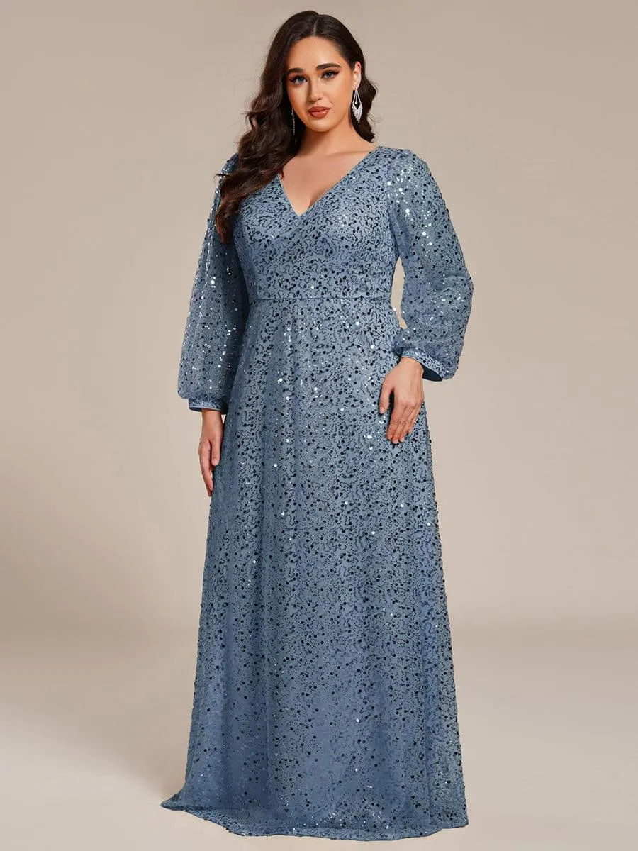 Grande taille Robe de soirée trapèze à paillettes col en V manches longues et paillettes