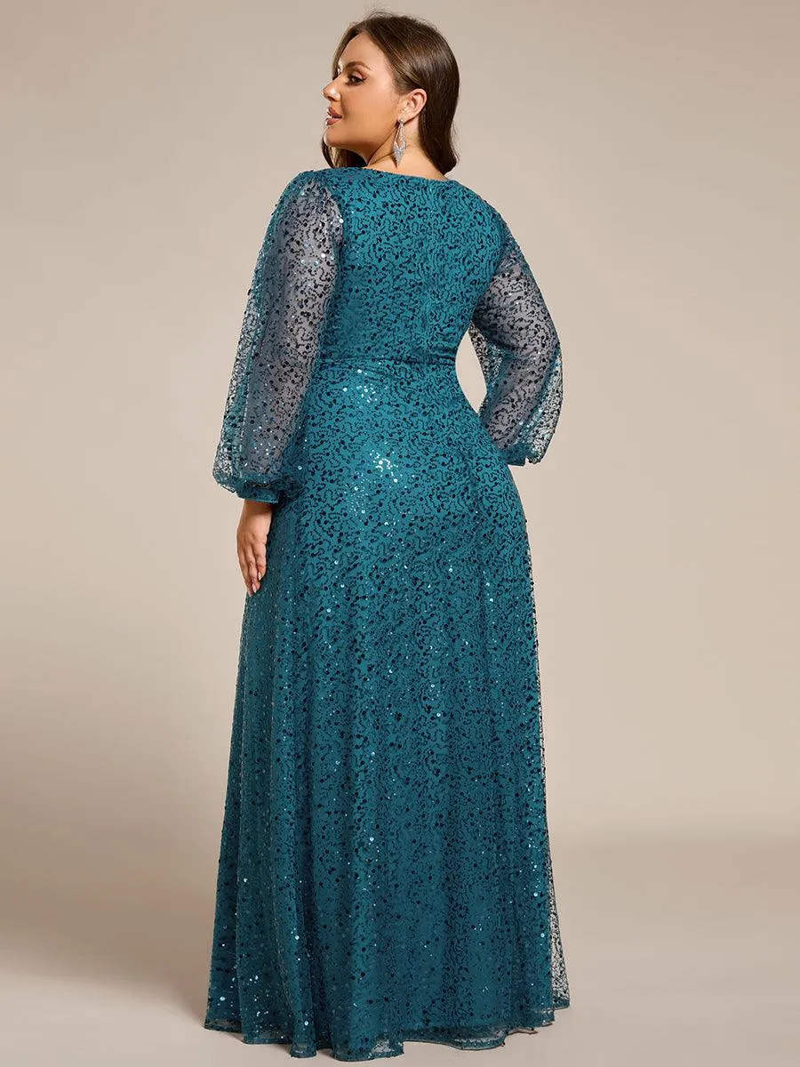 Grande taille Robe de soirée trapèze à paillettes col en V manches longues et paillettes