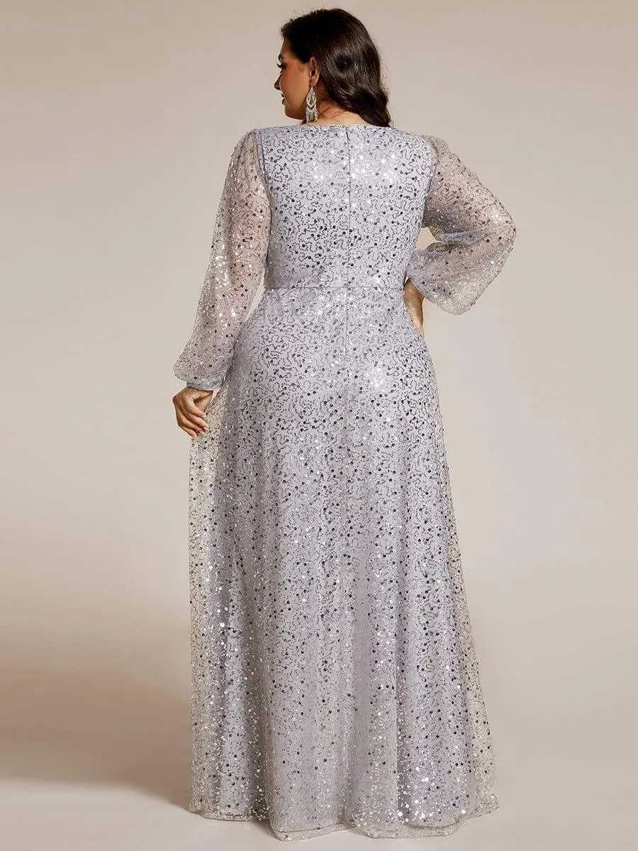Grande taille Robe de soirée trapèze à paillettes col en V manches longues et paillettes