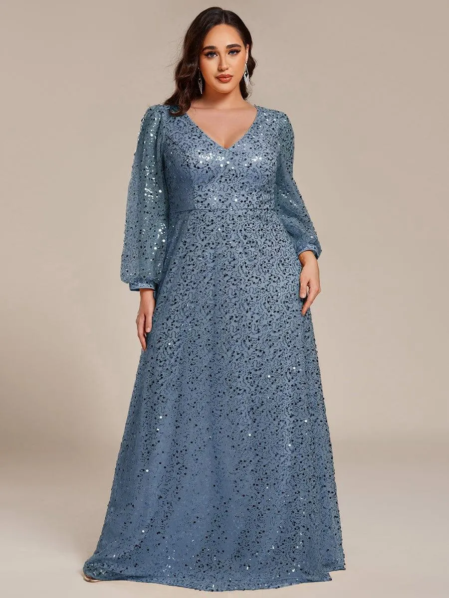 Grande taille Robe de soirée trapèze à paillettes col en V manches longues et paillettes