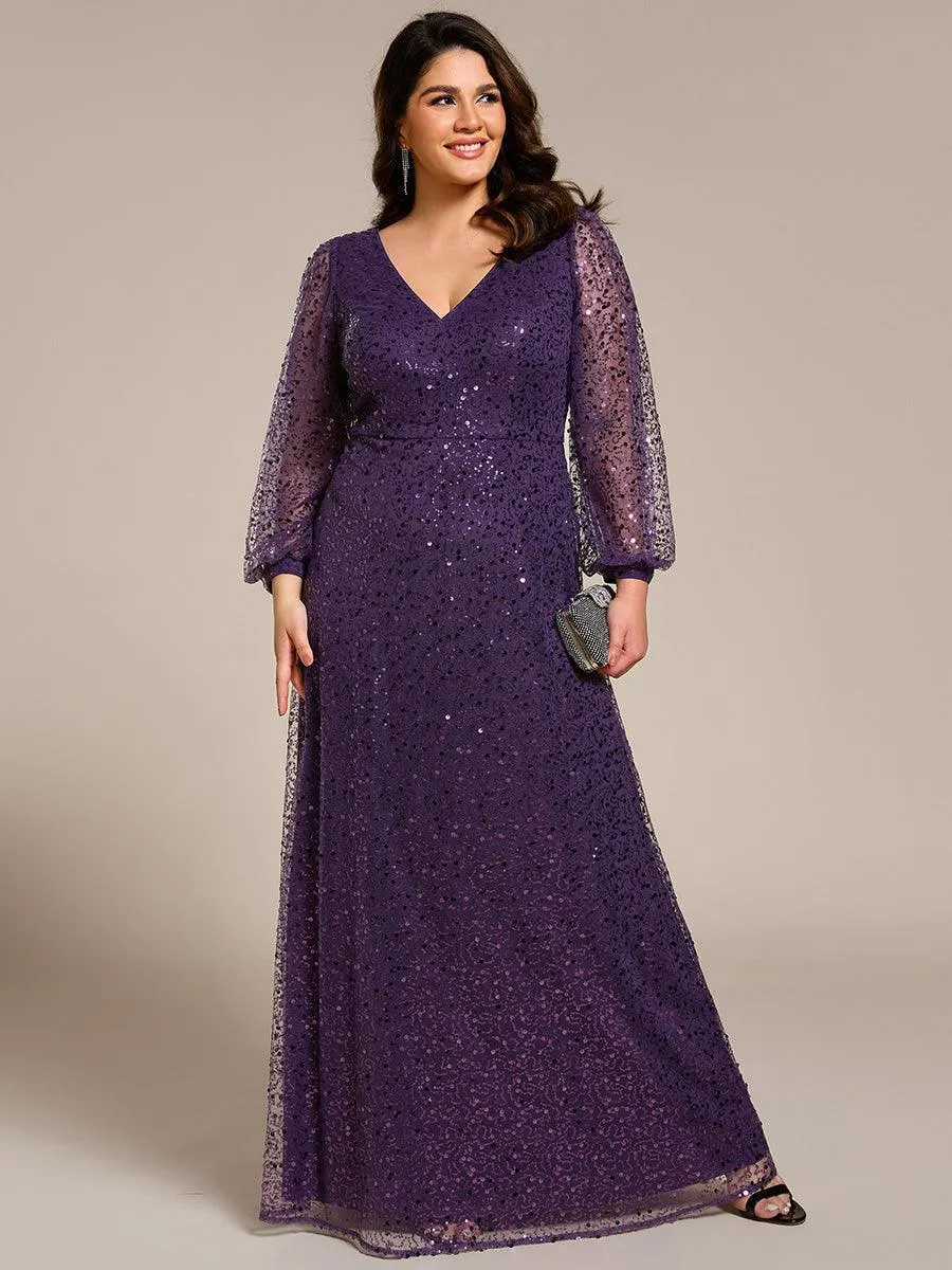 Grande taille Robe de soirée trapèze à paillettes col en V manches longues et paillettes
