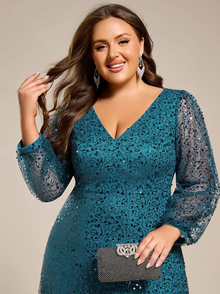 Grande taille Robe de soirée trapèze à paillettes col en V manches longues et paillettes