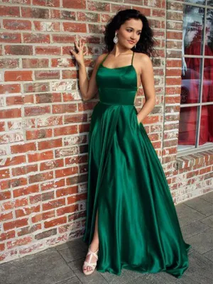 Green Satin Prom Dresses, Side Slit Prom Dresses, Cheap Prom Dresses, Long Prom Dresses, BG0418