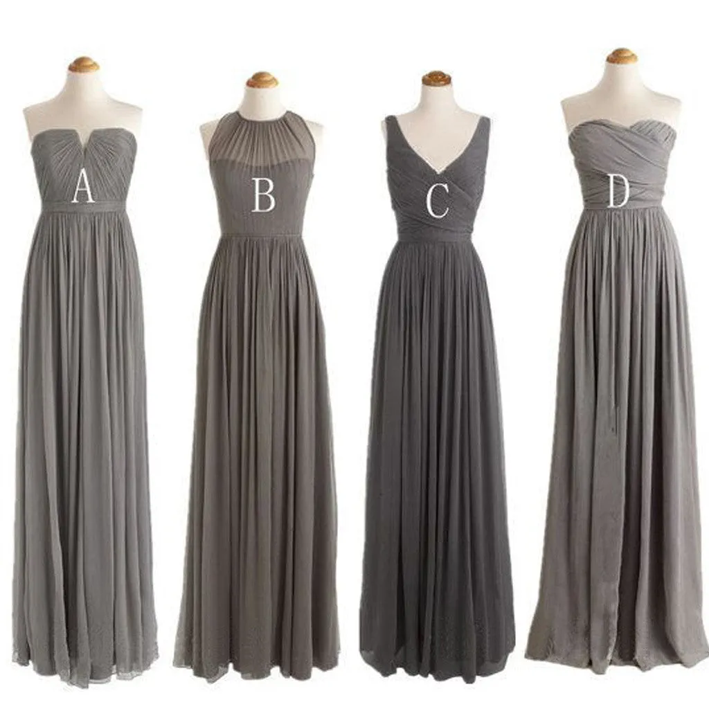 Grey Mismatched Styles Chiffon Formal Long Bridesmaid Dresses, BG51277