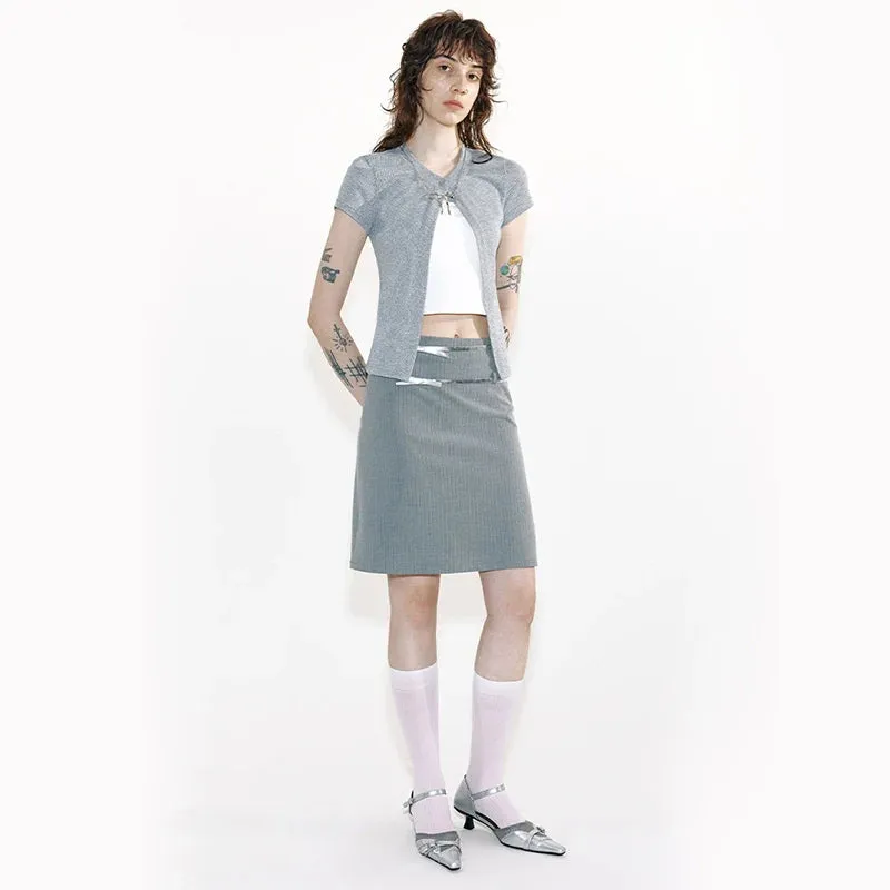 Grey Striped Skirt with Metallic Accents