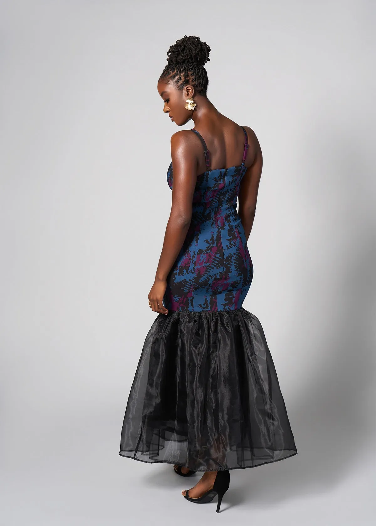 Hassia Women's African Print Stretch Dress with Tulle (Midnight Teal Abstract)