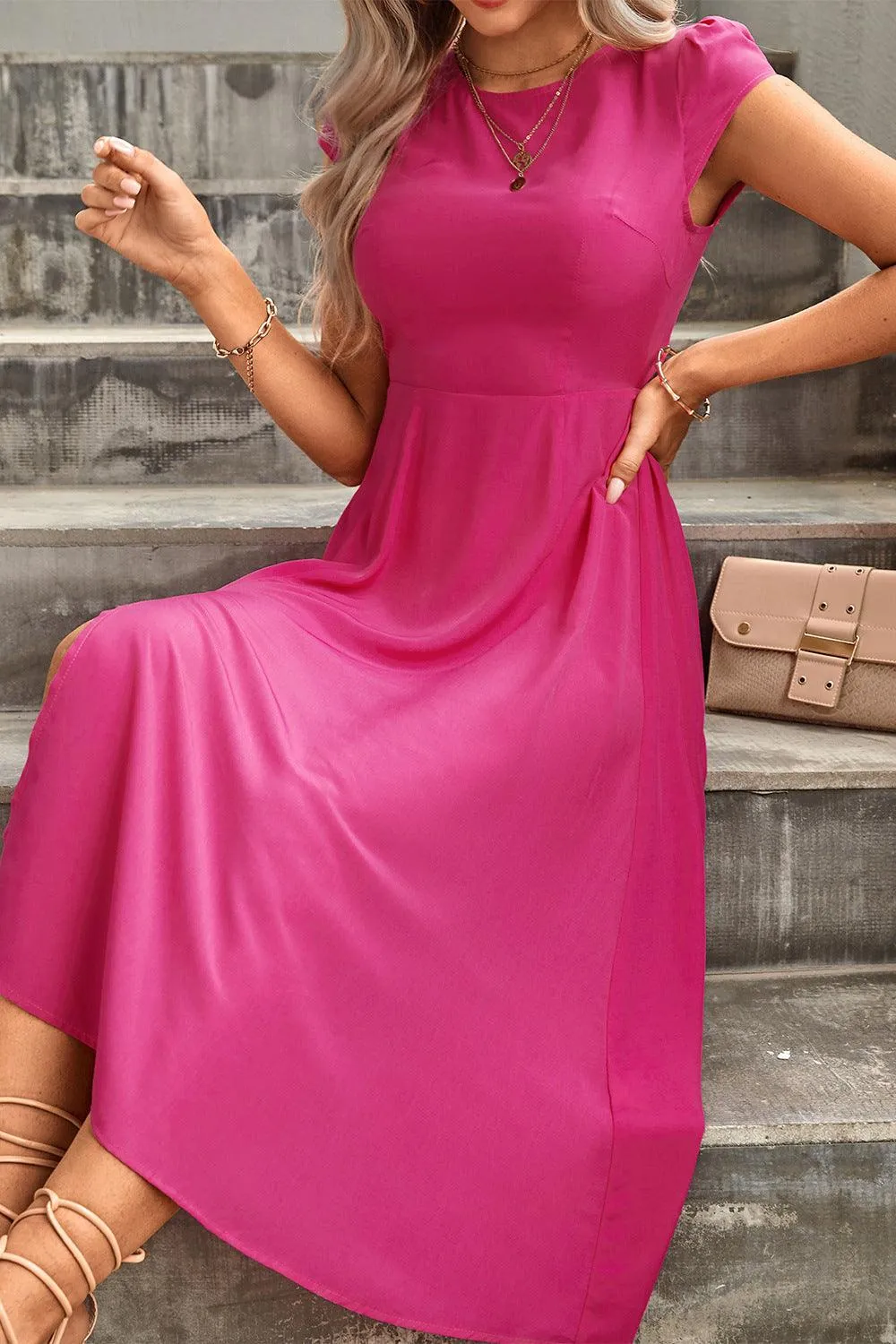 Hazel Blues® | Tie Back Cutout Round Neck Split Dress