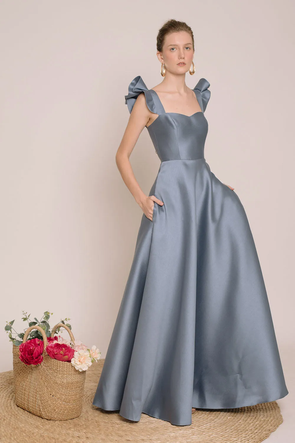 I DO BY ZOO: GRACIELA Ruffled Sleeve Maxi Dress with Pockets (Serenity Blue Gazaar)