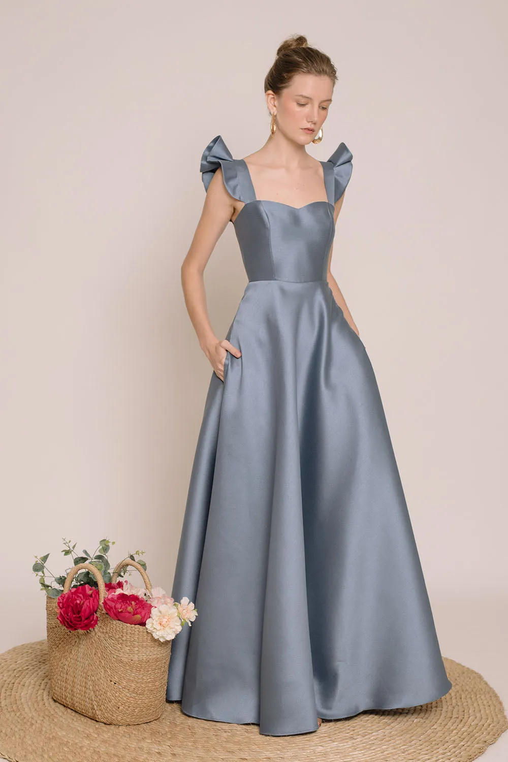 I DO BY ZOO: GRACIELA Ruffled Sleeve Maxi Dress with Pockets (Serenity Blue Gazaar)