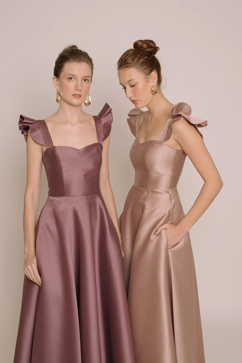 I DO BY ZOO: GRACIELA Ruffled Sleeve Maxi Dress with Pockets (Taupe Gazaar)