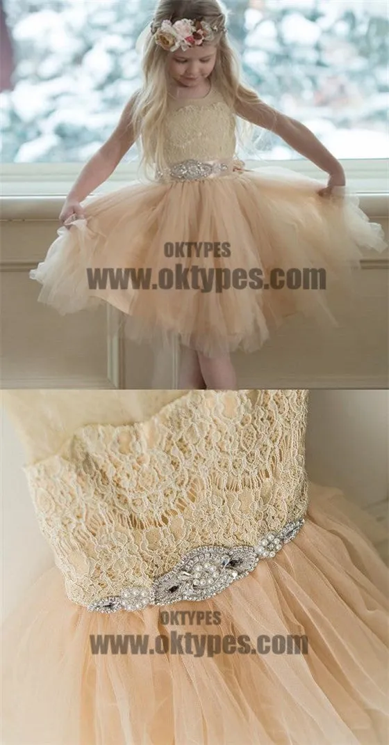Illusion Lace Top Tulle Flower Girl Dresses, Popular Little Girl Dresses with rhinestone Belt, TYP0630