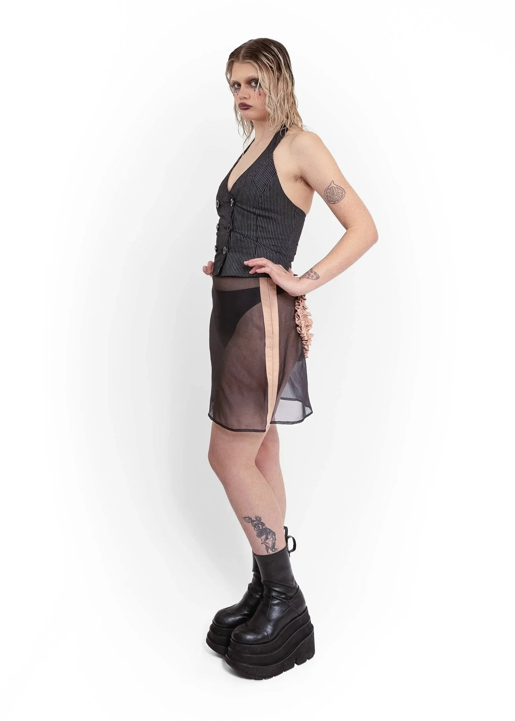 Imogen silk organza ruffle heart skirt- black/ beige