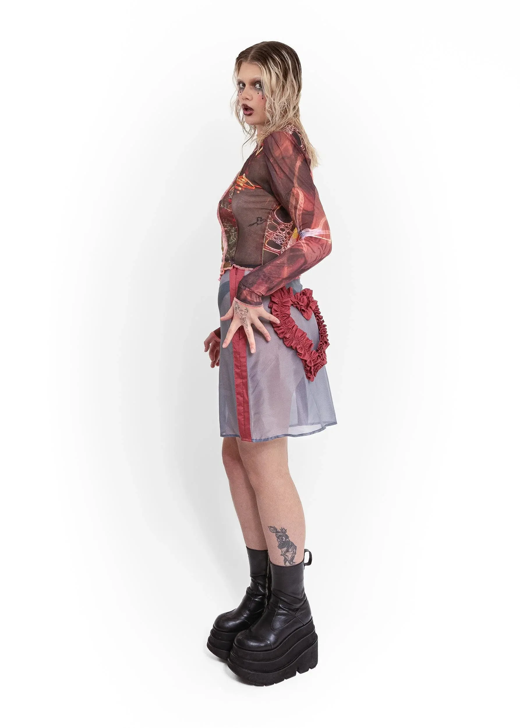 Imogen silk organza ruffle heart skirt- grey/ pomegranate
