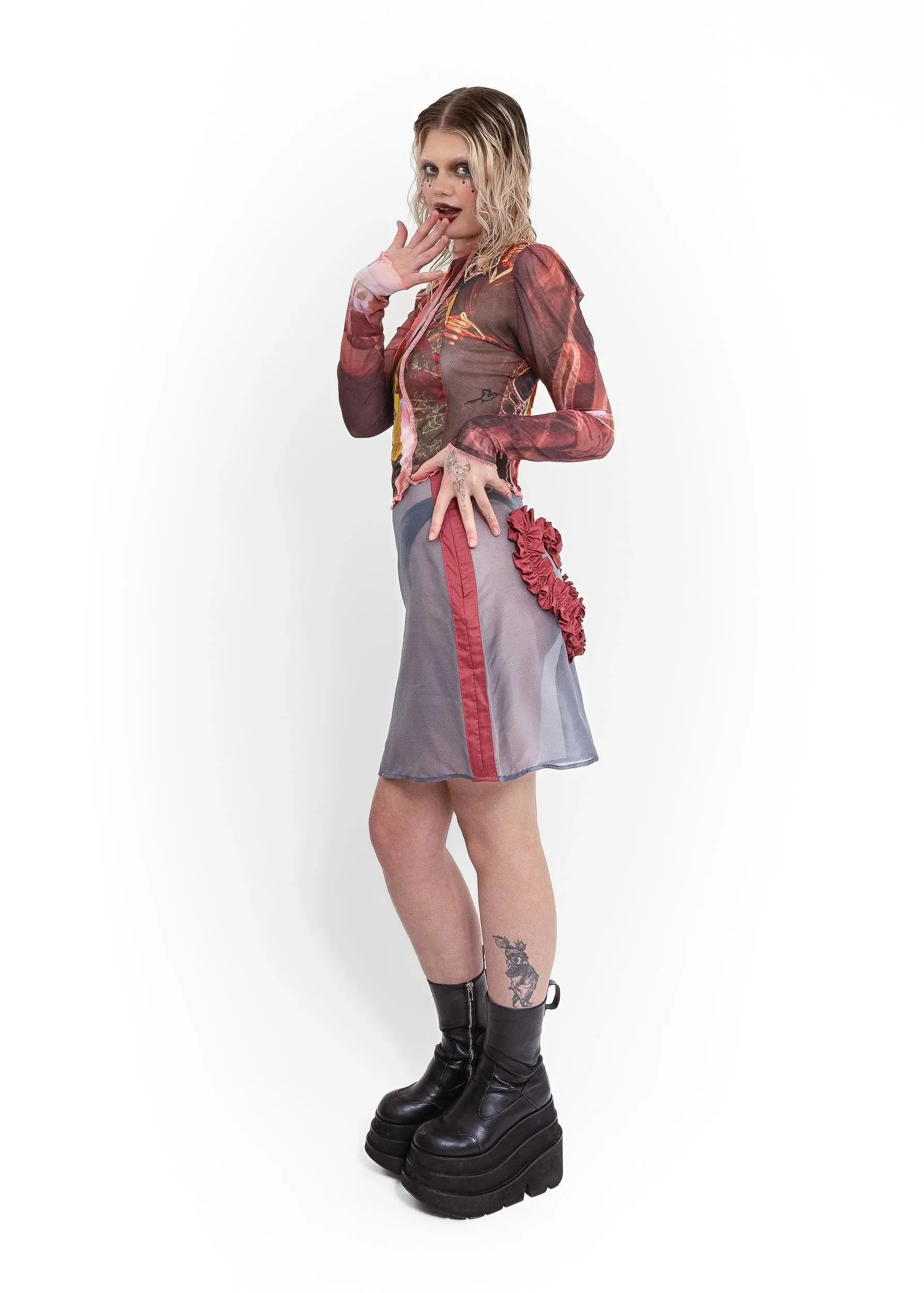 Imogen silk organza ruffle heart skirt- grey/ pomegranate
