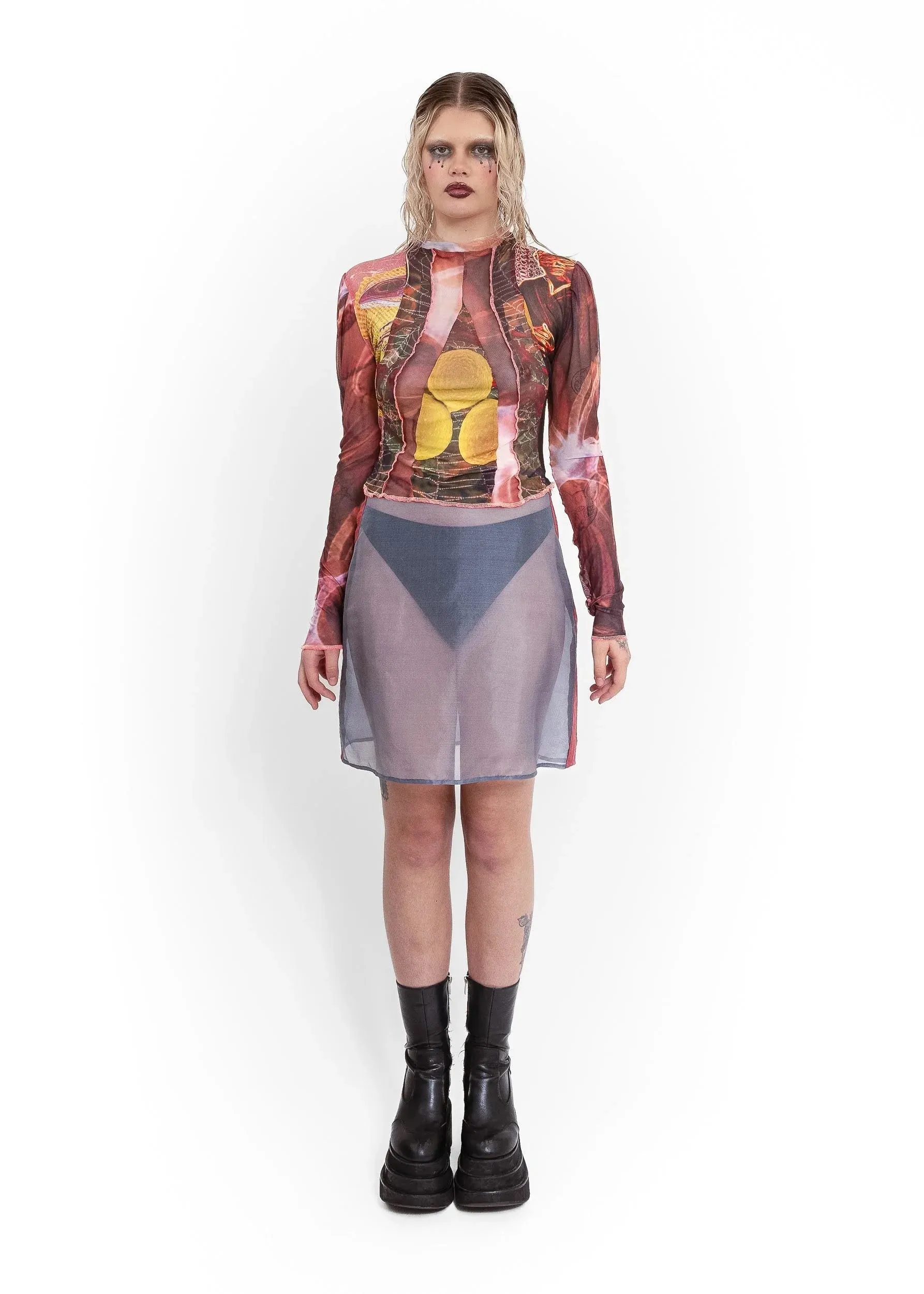 Imogen silk organza ruffle heart skirt- grey/ pomegranate