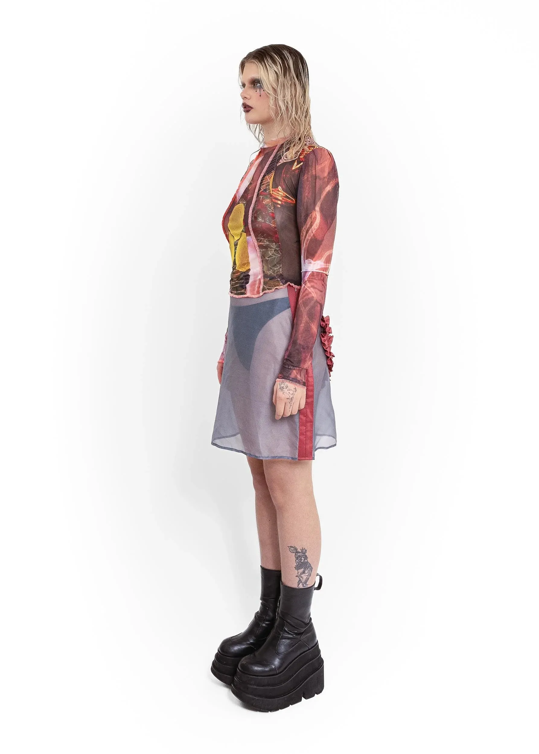Imogen silk organza ruffle heart skirt- grey/ pomegranate