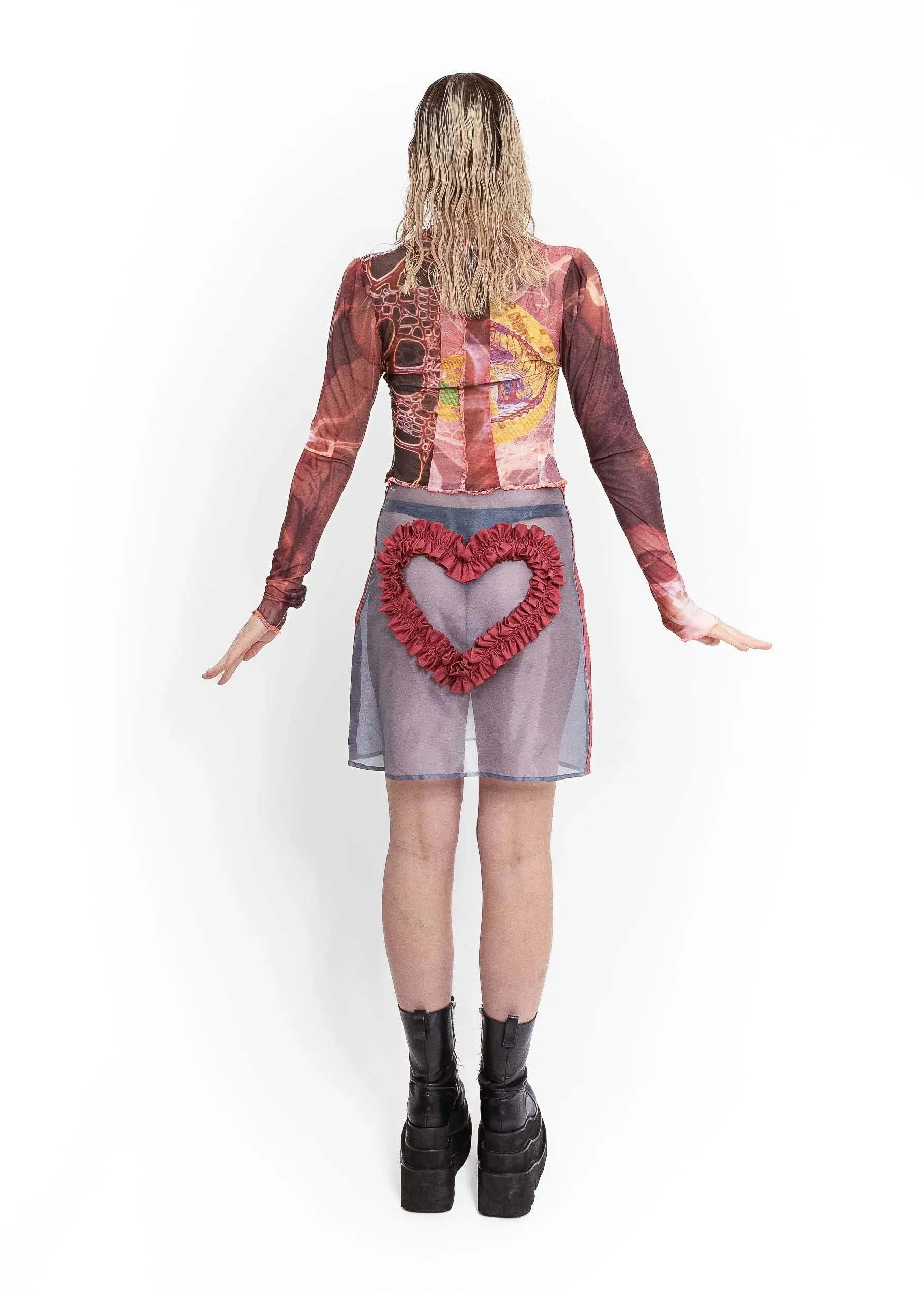 Imogen silk organza ruffle heart skirt- grey/ pomegranate