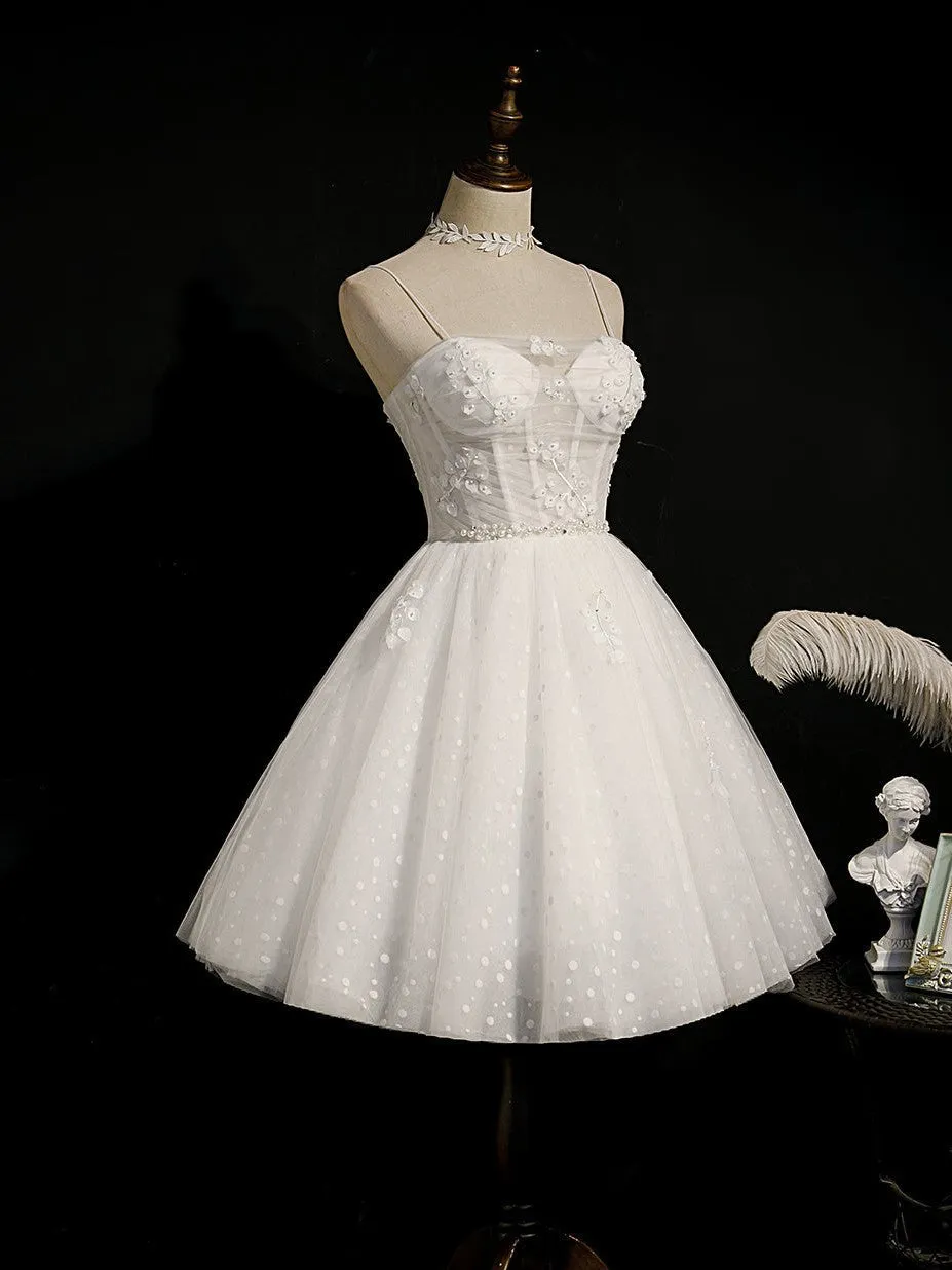 Ivory Spaghetti Straps Beaded Tulle Princess Homecoming Dresses