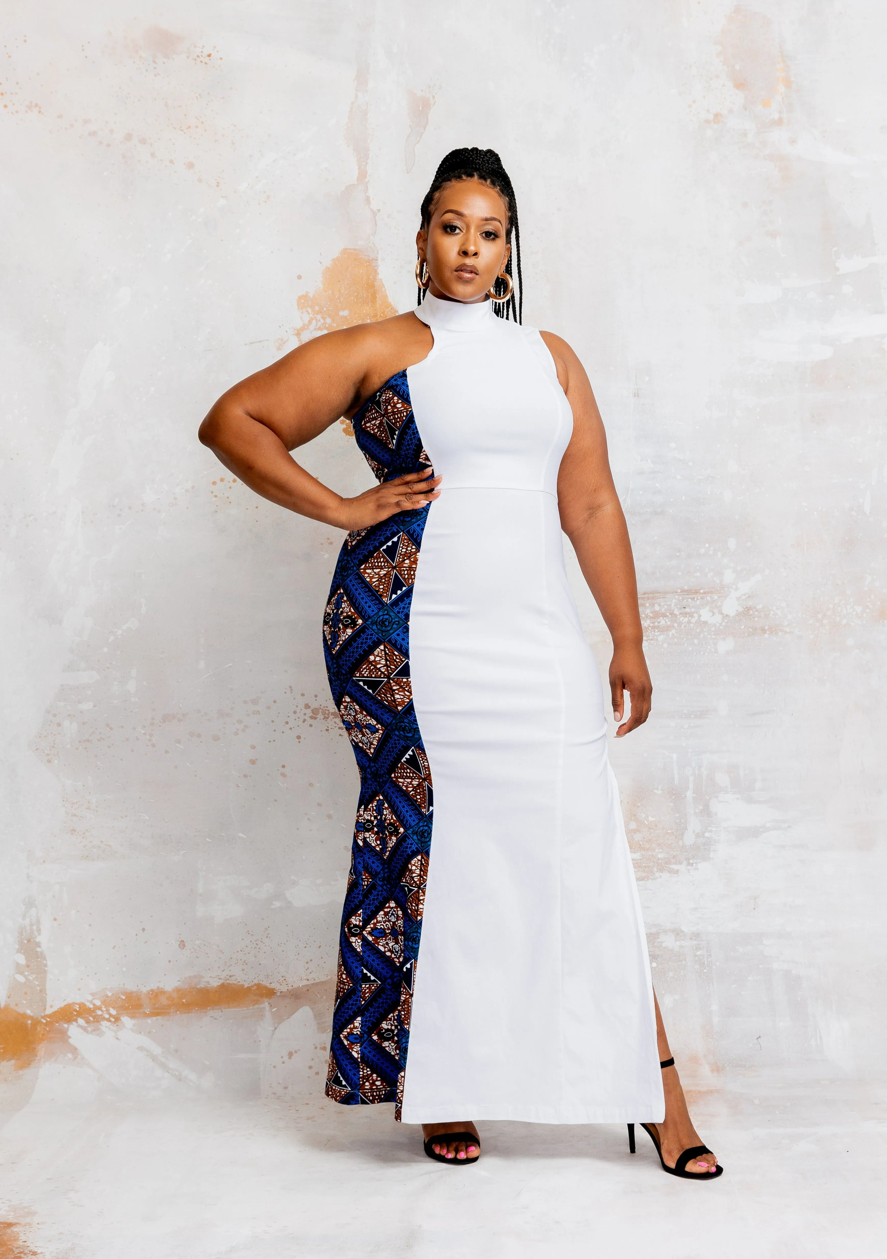 Jalia Women's African Print Stretch Gown (Blue Tan Diamonds) - Clearance
