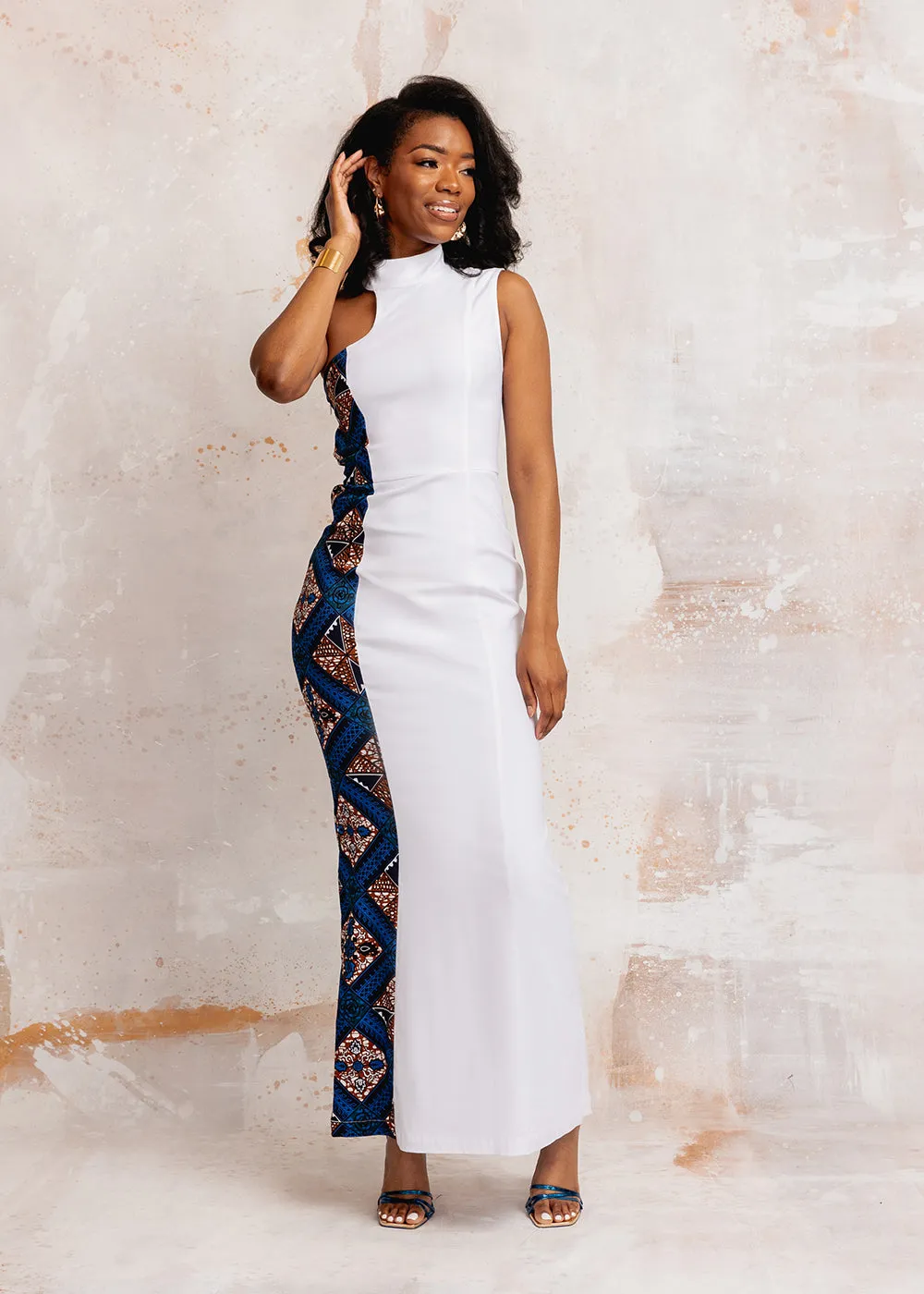 Jalia Women's African Print Stretch Gown (Blue Tan Diamonds) - Clearance