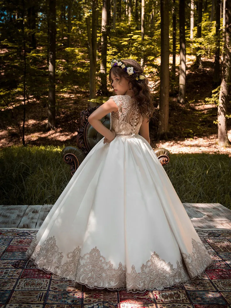 Jewel Neck Sleeveless Buttons Pageant flower girl dresses