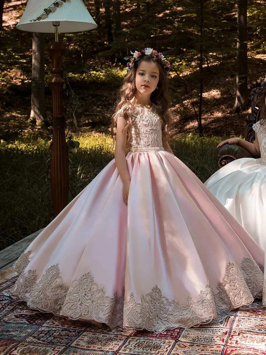 Jewel Neck Sleeveless Buttons Pageant flower girl dresses