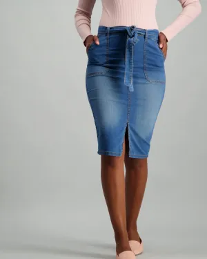 Ladies Self Tie Denim Skirt with Pocket Detail - Medium Wash