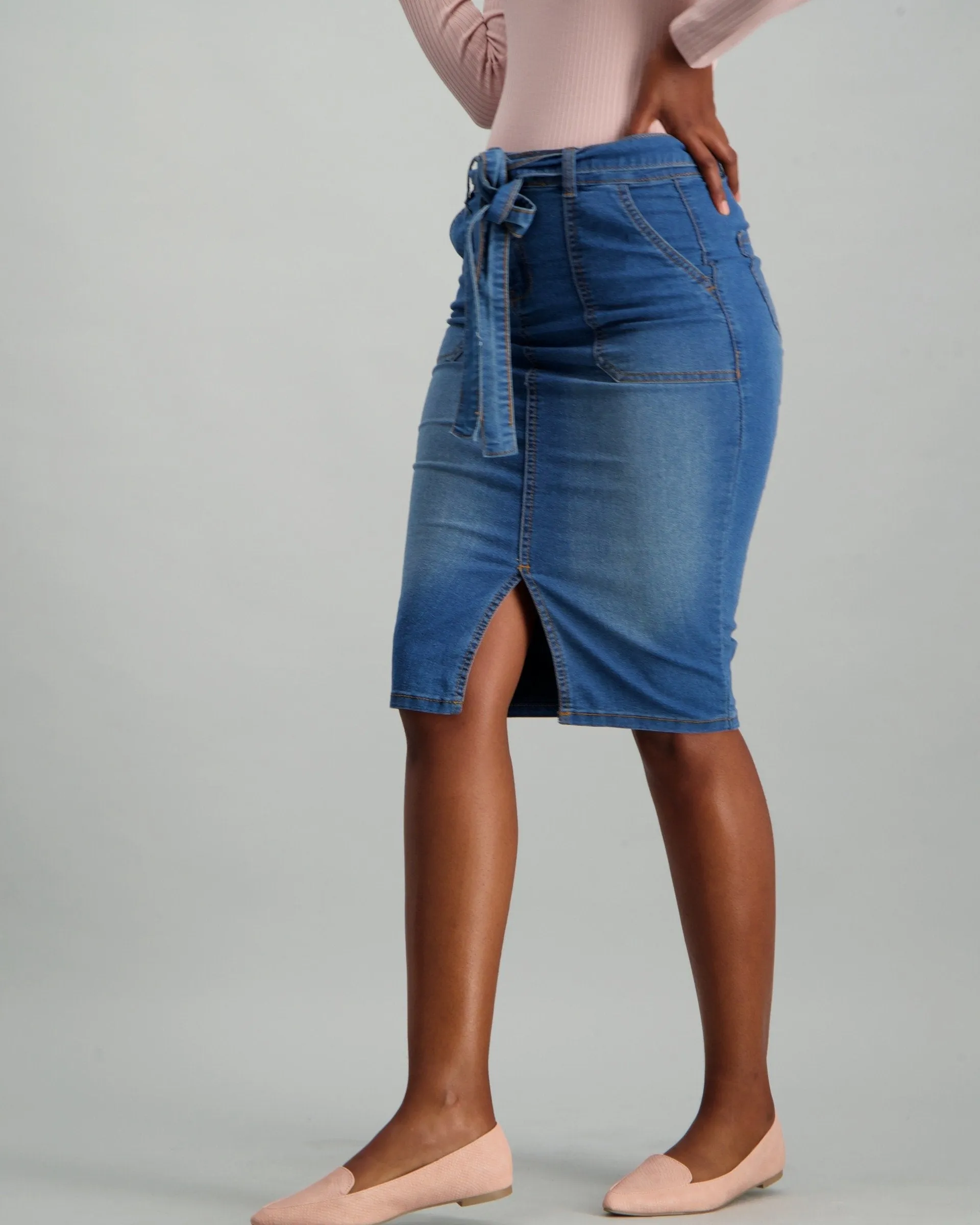 Ladies Self Tie Denim Skirt with Pocket Detail - Medium Wash