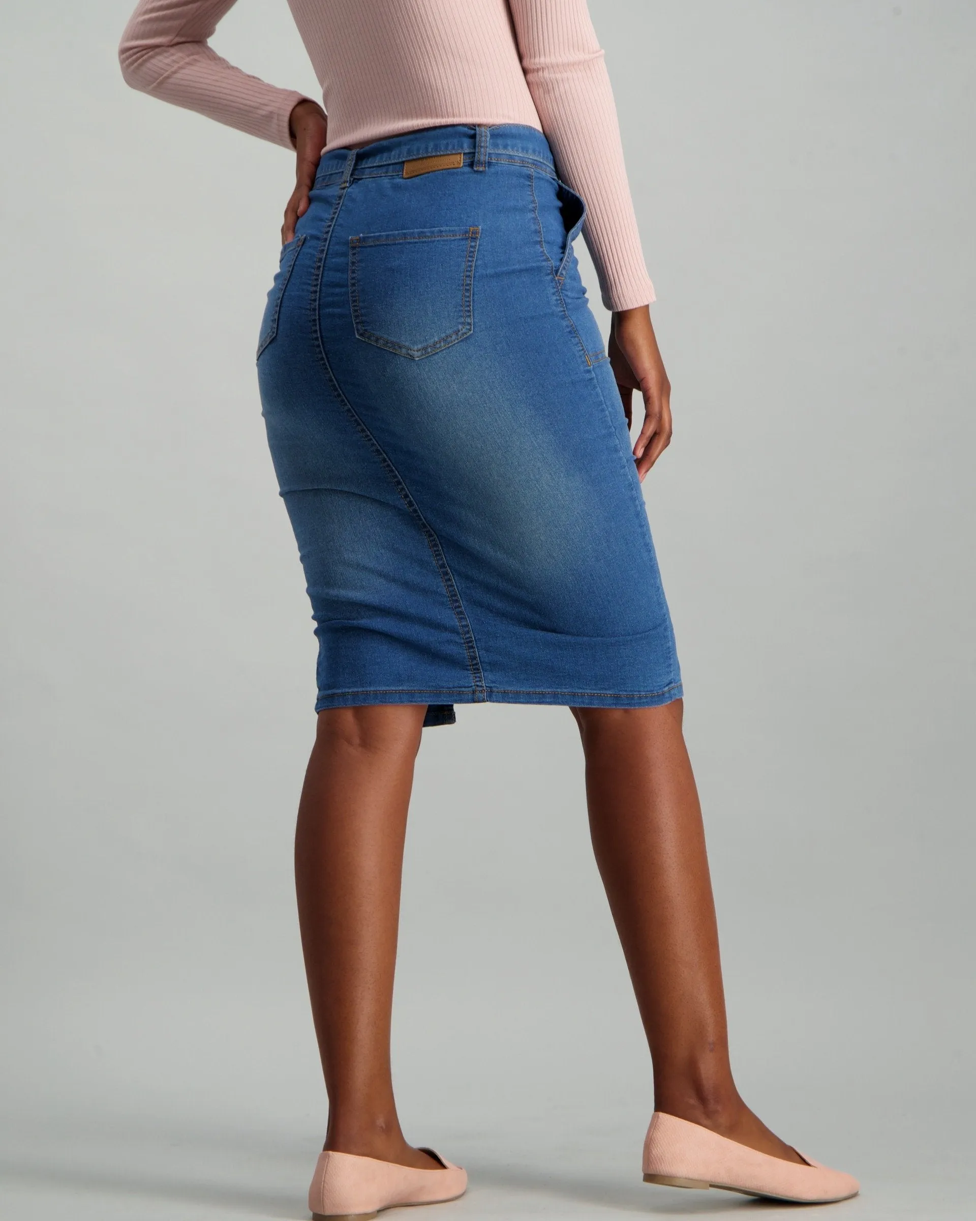 Ladies Self Tie Denim Skirt with Pocket Detail - Medium Wash